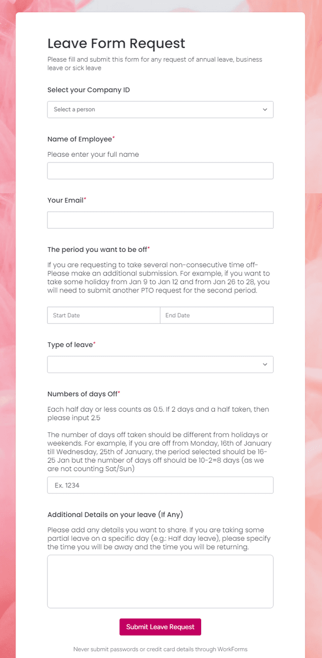 Employee Leave Form Submission Interface