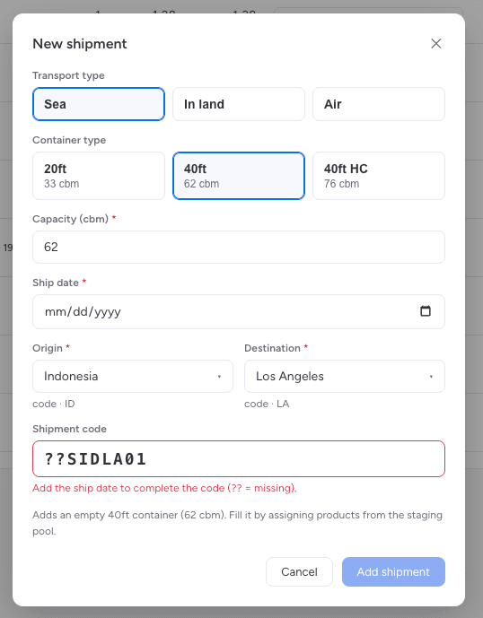 Shipment Creation Form with Automatic Container Code Generation