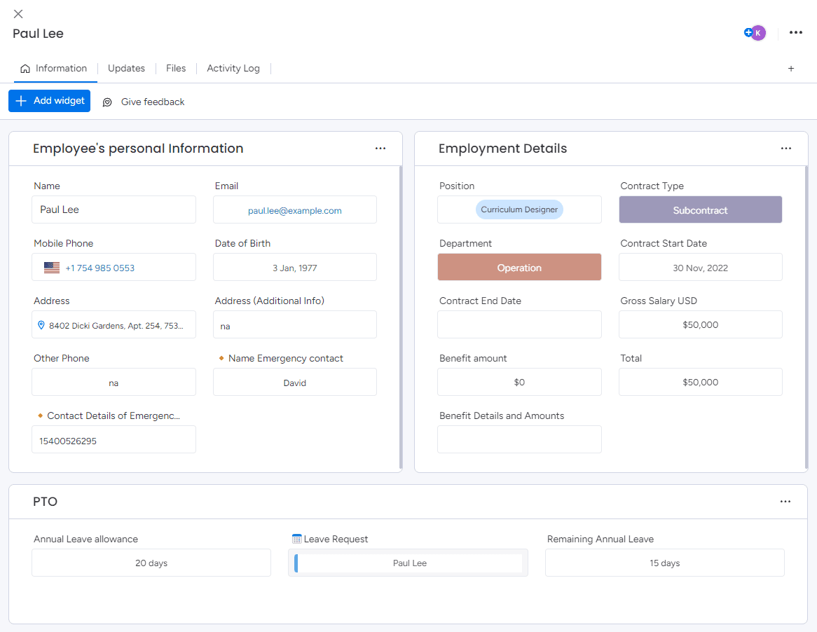 Interface du Profil Employé