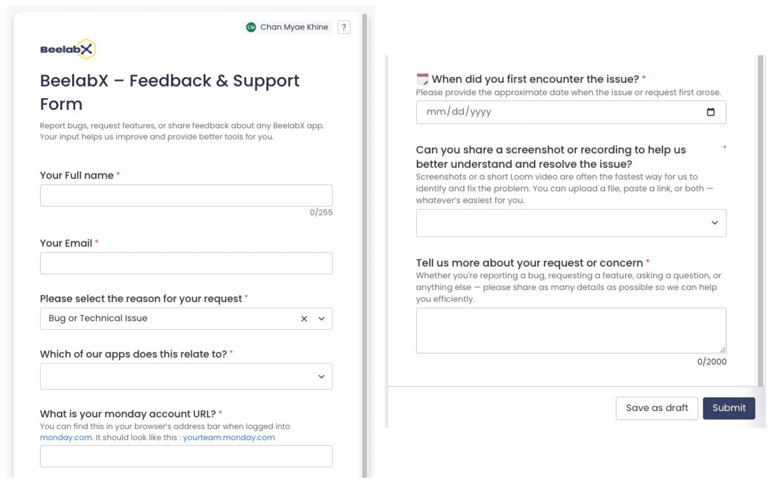 Formulaire complet de demande de support client pour BeelabX