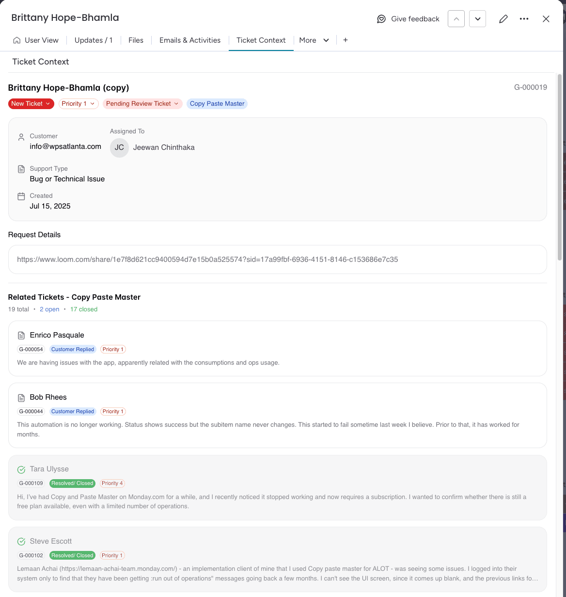 Vue du contexte de ticket avec monday Vibe et cas liés